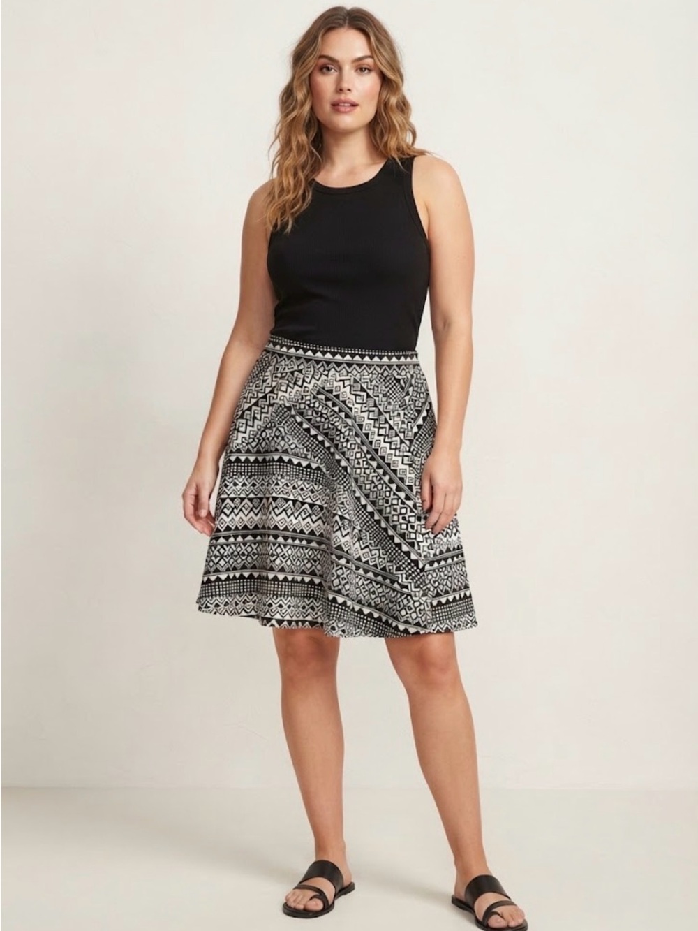 Studio 253 Black & White Aztec Geometric Print Skater Skirt Size XL
